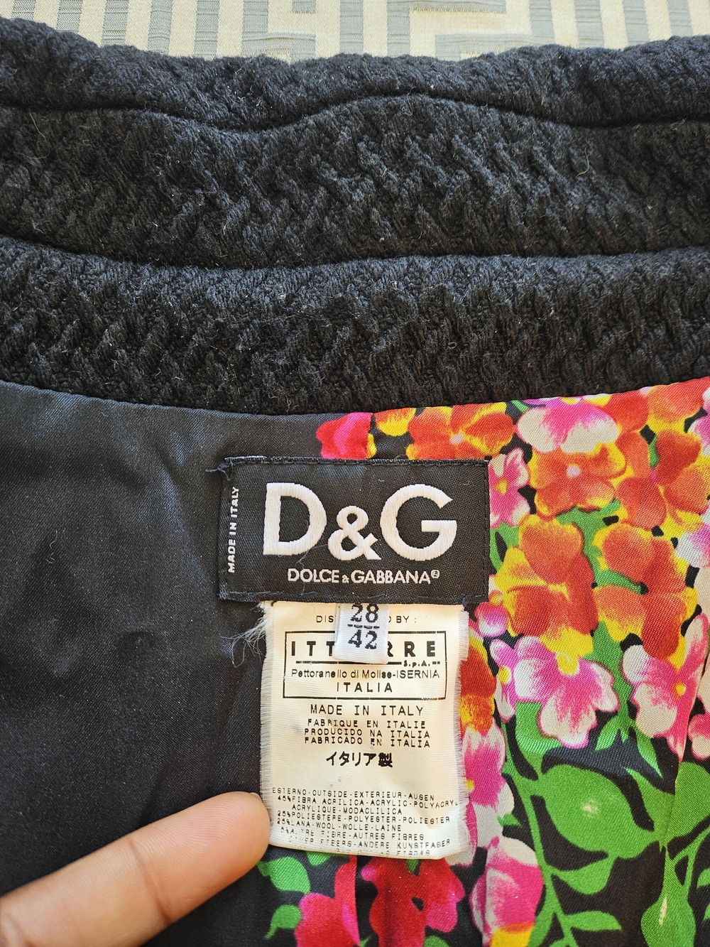 Vintage D&G Dolce & Gabbana Black Textured Wool Blend Belted Coat Floral IT 42 - Picture 3 of 8